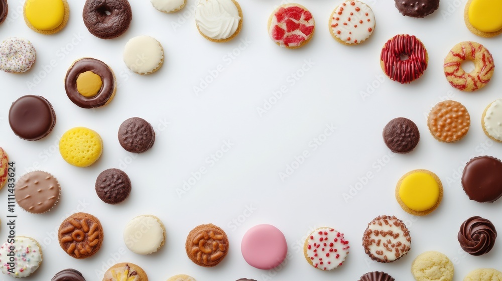 Aufkleber Various sweets and cookies are beautifully arranged in a circle on a white surface, creating a delightful display with room for additional text. Generative AI