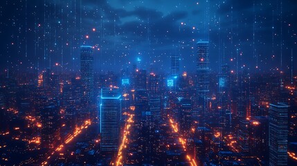 Obraz premium A futuristic cityscape with interconnected skyscrapers, glowing digital pathways extending to distant points, vibrant blue neon lights, dark sky with deep shadows, ultra-detailed textures,