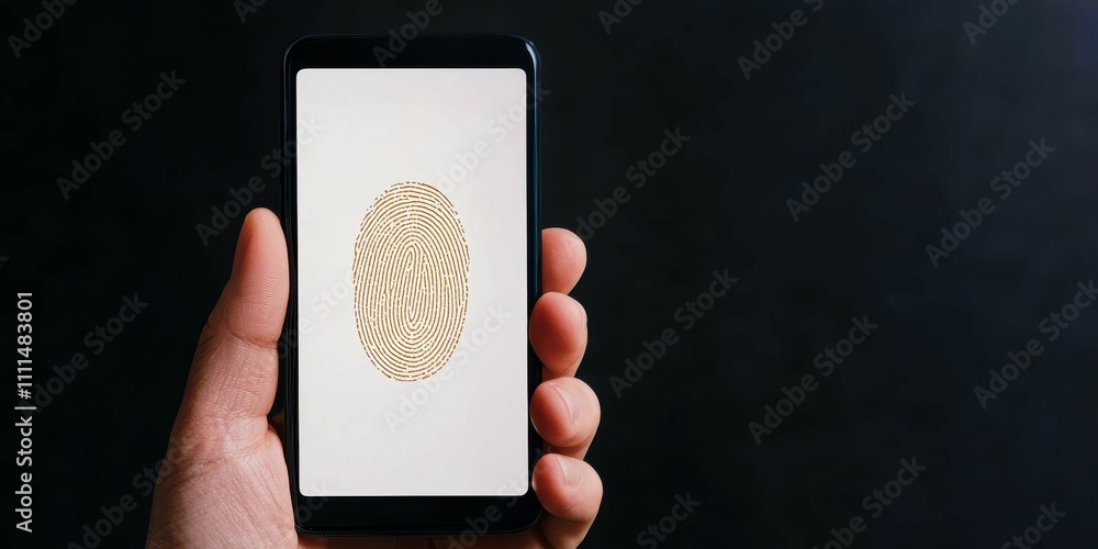 Poster mobile payment authentication concept. a hand holds a smartphone displaying a gold fingerprint again