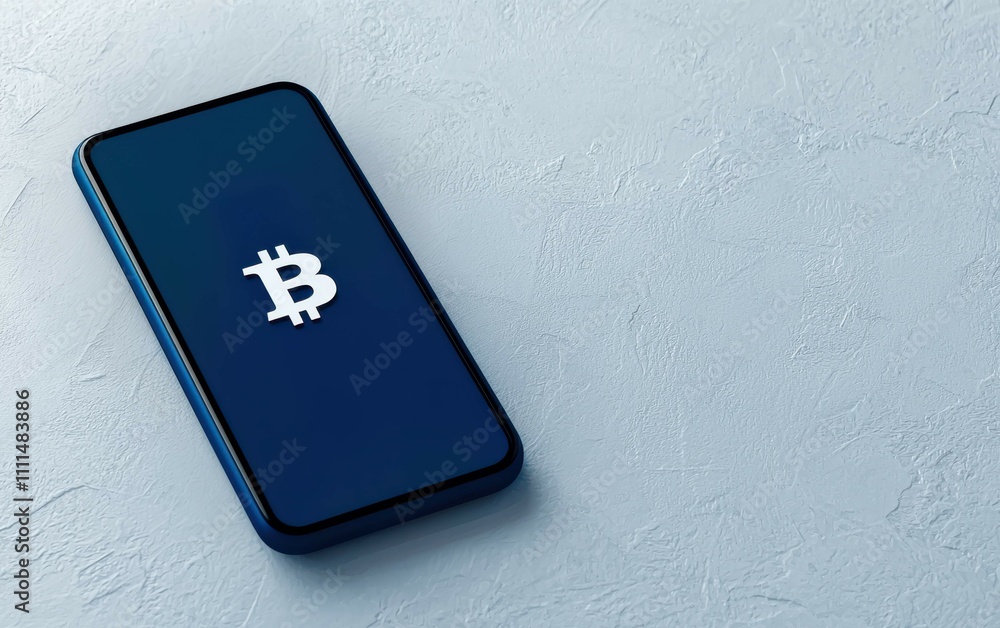 Poster a smartphone displaying a bitcoin logo on a textured surface, symbolizing digital currency and moder