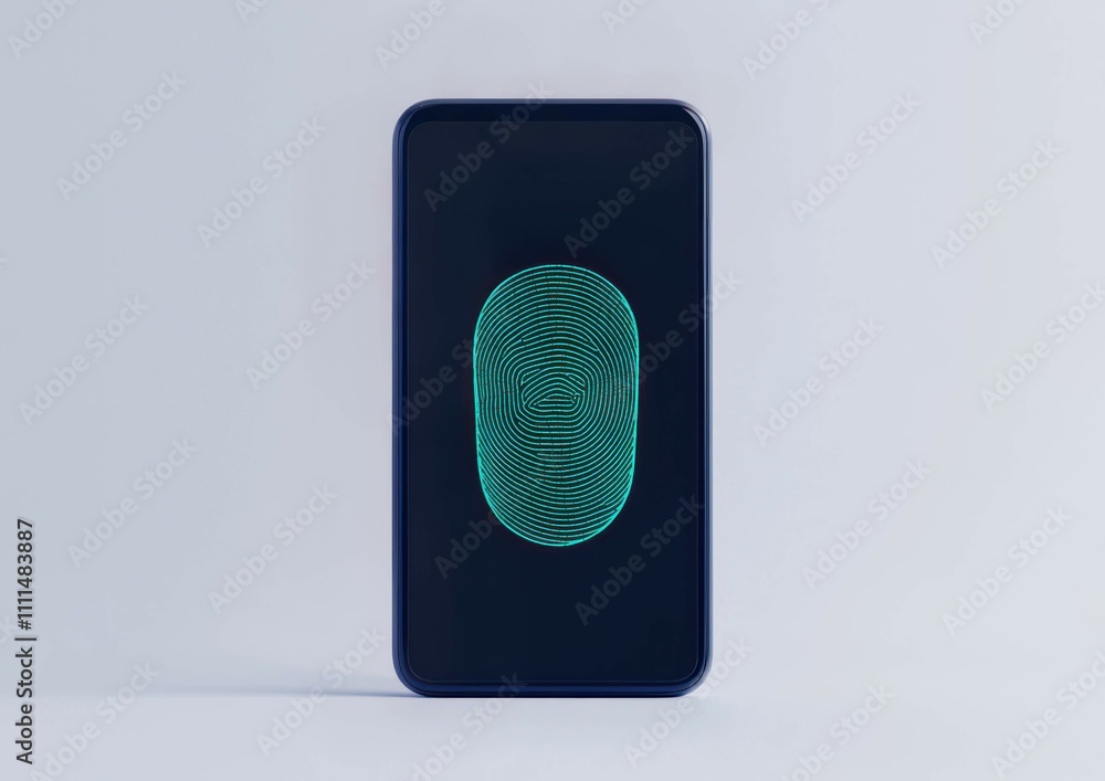 Poster mobile payment authentication concept. a sleek smartphone displays a digital fingerprint scanner in 