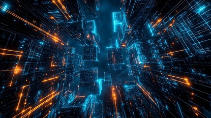 Obraz premium A futuristic cityscape with interconnected skyscrapers, glowing digital pathways extending to distant points, vibrant blue neon lights, dark sky with deep shadows, ultra-detailed textures,