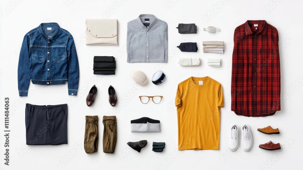 Aufkleber a collection features diverse clothing items arranged neatly on a white background, showcasing style