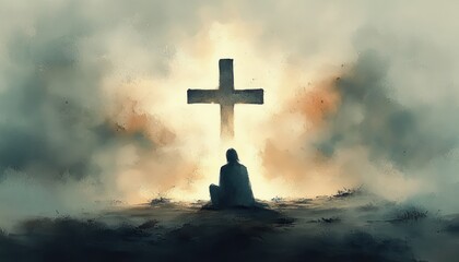 Man Praying Silhouette Kneeling Before Ethereal Cross in Watercolor Style