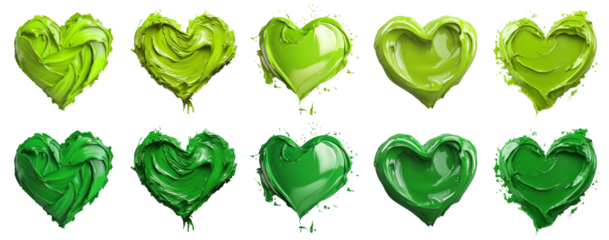 2 Collection set of dark light green lime, love heart shape blob paint ink liquid smear smudge swatch cream gel wax on transparent cutout, PNG file. Many different design. Mockup template artwork