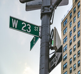 Street sign and traffic light at an intersection in New York City. Intersection with street names 23 street and 8 avenue 