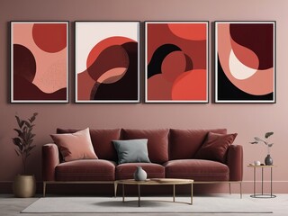    Abstract geometric wall art in red colors, modern living room interior