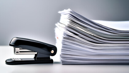 A neat stack of papers with a black stapler beside them, on a soft grey background.