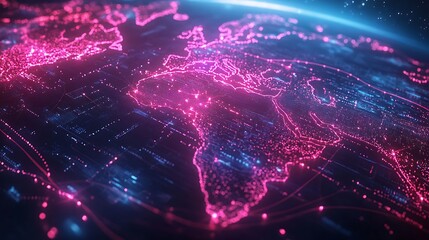 Obraz premium A futuristic depiction of a digital map with flowing waves of data signals, glowing light streams representing global connectivity, deep blue and pink hues, cinematic quality, photorealistic render,