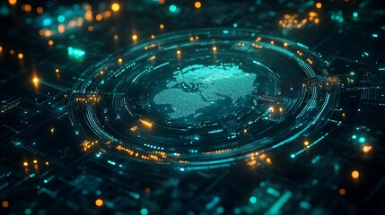 Obraz premium A futuristic depiction of an AI brain overlaying a holographic world map, intricate circuits lighting up with vibrant data pulses, deep blue and green tones, cinematic quality,