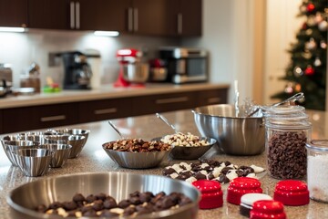 A festive kitchen with bowls of flour, sugar, and cocoa powder ready for mixing. Rolling pins and baking