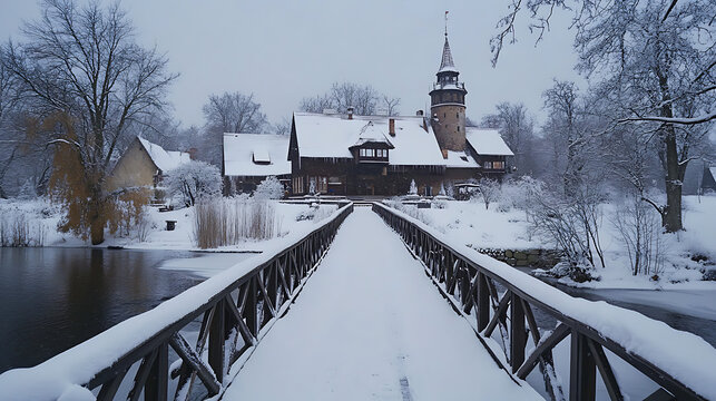 Snowy, wooden bridge on a winter day