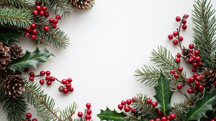 Fototapeta premium A festive arrangement of pine branches, holly, and red berries, framed against a blank background, evoking a cheerful Christmas atmosphere.
