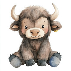 cute watercolor illustration of kid buffalo with friendly expression