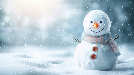 Fototapeta premium A cheerful snowman stands in a snowy landscape, adorned with a scarf and buttons, surrounded by softly falling snowflakes.