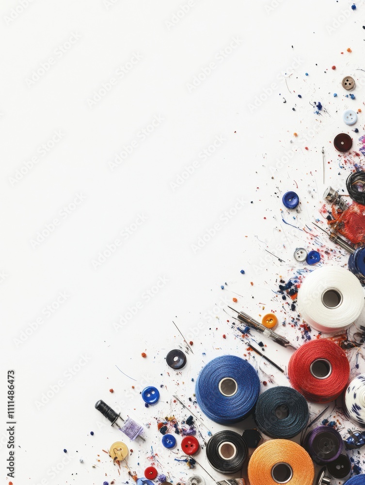 Aufkleber sewing essentials including colorful threads, needles, and buttons are arranged creatively against a