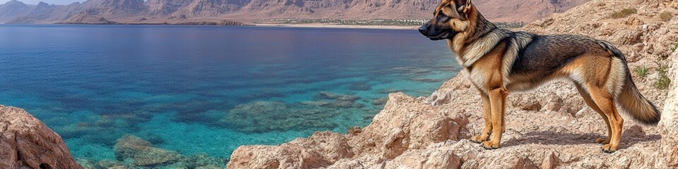 Majestic German Shepherd Overlooks Crystal Clear Turquoise Ocean from Rocky Cliffside with Stunning Mountain Background - Perfect Pet Travel Adventure Landscape