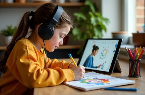 Little girl wearing headphones draws with colored pencils while looking at a tablet.  home remote learning or creative activity. online educational materials, hobby, children creativity.
