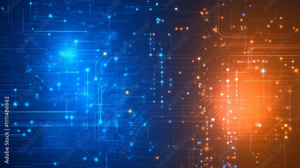Aufkleber futuristic orange and blue technology background featuring circuit board patterns, digital code elem