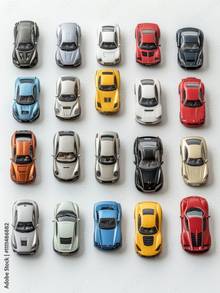 Poster Miniature models of various cars are neatly arranged on a white background, providing ample space for additional text or graphics. Generative AI