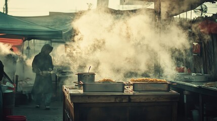 Steam Rising from Cooking Station at Outdoor Food Market
