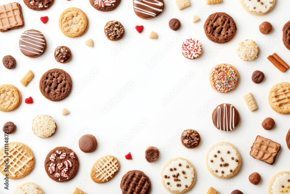Poster various cookies and sweets are artistically arranged on a clean white background, providing an invit