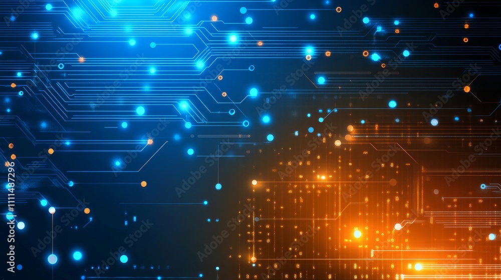 Aufkleber futuristic orange and blue technology background featuring circuit board patterns, digital code elem