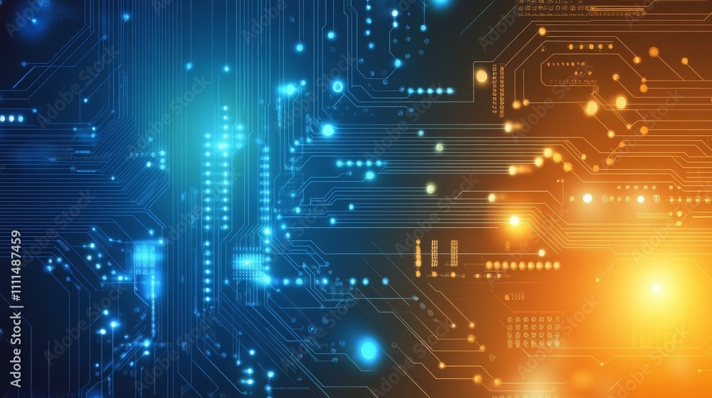 Aufkleber futuristic orange and blue technology background featuring circuit board patterns, digital code elem