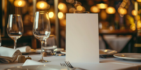 White blank menu card mockup on a table in a restaurant or hotel, featuring an elegant evening setting with candles and wine glasses.