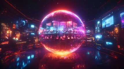 A glowing globe with virtual meeting rooms floating above it, diverse avatars in conversation, bright digital lines connecting the rooms, dark space-themed background, vivid neon accents,