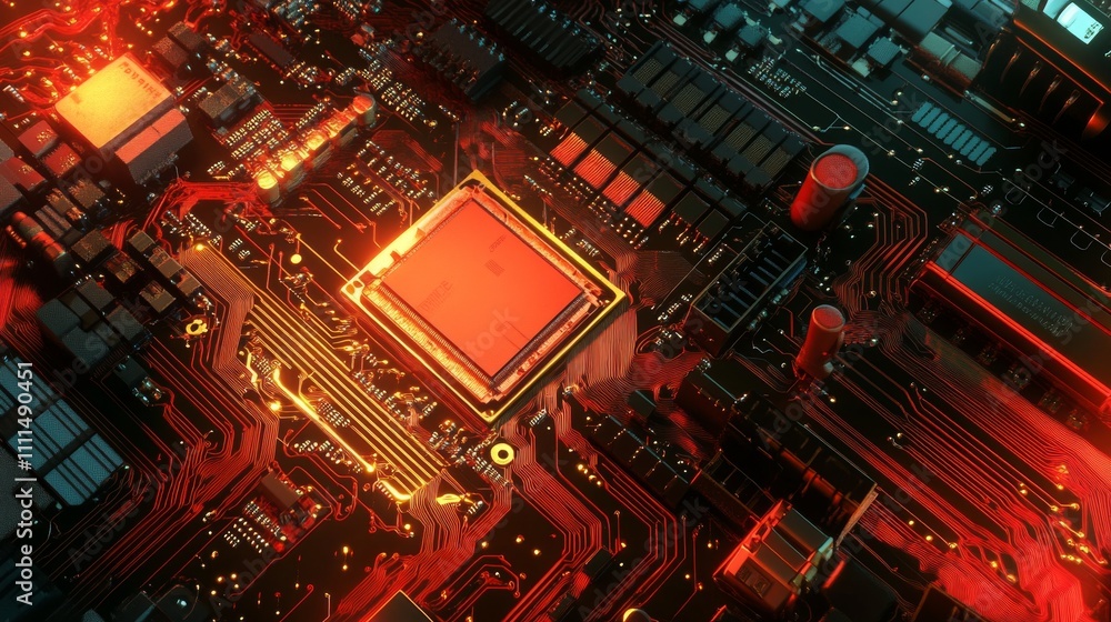 Poster detailed technology background featuring intricate printed circuit board patterns, complex connectiv