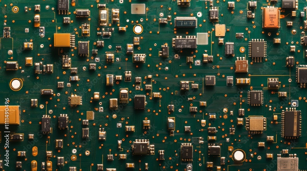 Poster detailed technology background featuring intricate printed circuit board patterns, complex connectiv