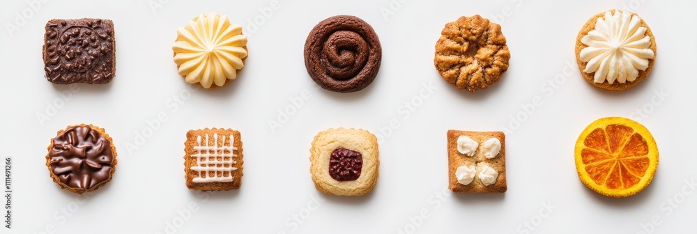 Poster an assortment of colorful sweets and cookies displayed on a white background, showcasing various sha