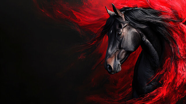 A powerful black horse emerges from a swirling red background, evoking strength and grace in a dramatic and artistic composition.