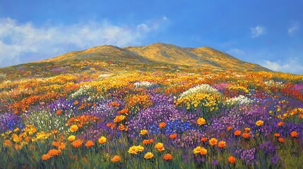 Fototapeta premium Vibrant wildflower landscape under a blue sky with rolling hills in the background.