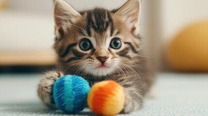 Adorable Kitten Playing Enthusiastically with Handmade Toys as Part of its Everyday Care Routine at Home