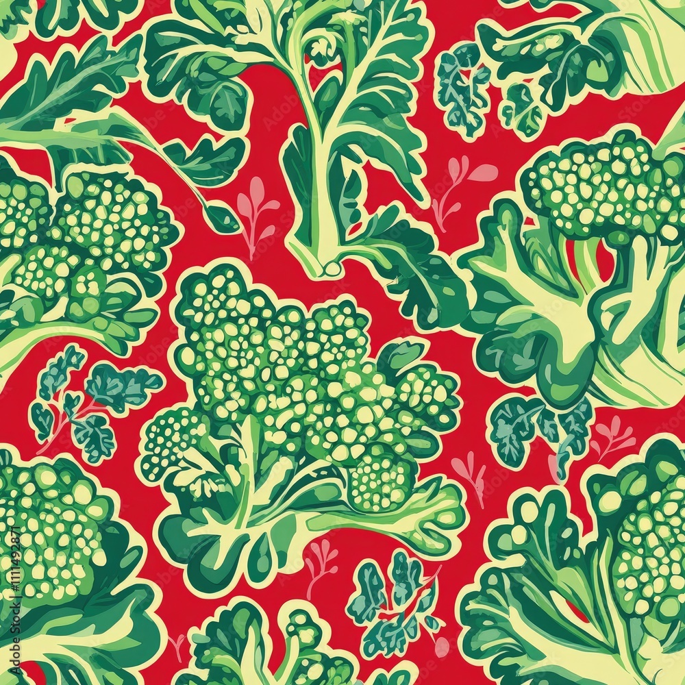Poster red background with stylized broccoli pattern.