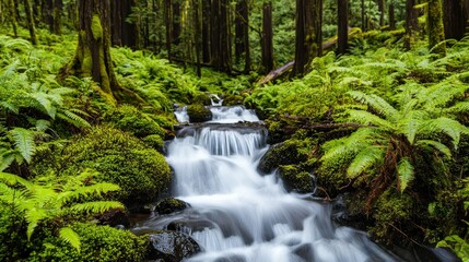 Naklejka premium A serene forest scene featuring a gentle stream flowing through lush green ferns and tall trees, creating a tranquil atmosphere.