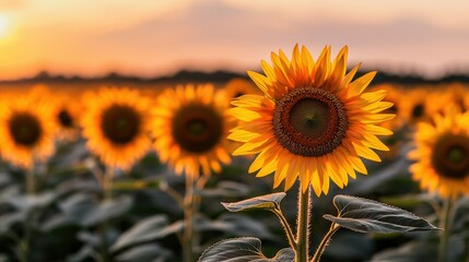 Obraz premium A vibrant sunflower stands tall among a field, basking in golden sunlight during sunset, showcasing nature's beauty and serenity.