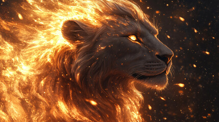 Naklejka premium A majestic lion's head ablaze with flames, symbolizing power and strength, surrounded by glowing embers in a dramatic, dark background.