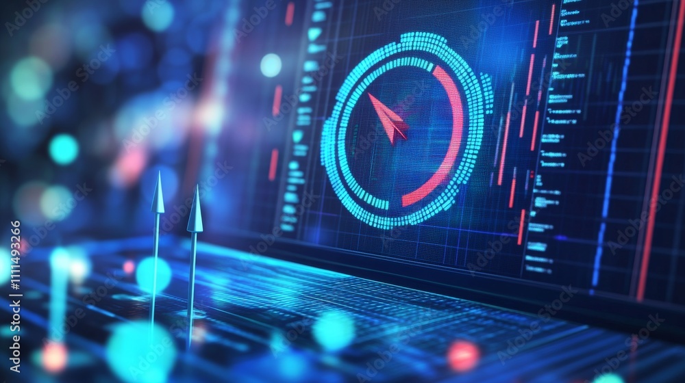 Poster futuristic technology background featuring low poly digital target with arrow in bullseye on a compu