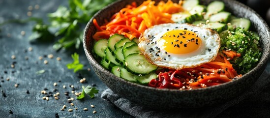 A close-up of a delicious and colorful vegetarian bibimbap bowl with a fried egg, cucumbers, carrots, red peppers, and sesame seeds.