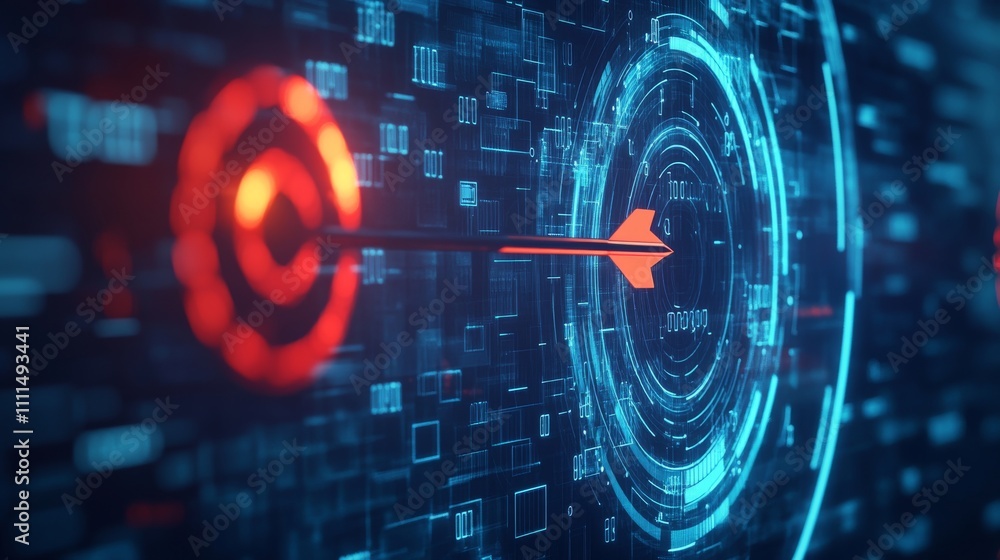Poster futuristic technology background featuring low poly digital target with arrow in bullseye on a compu