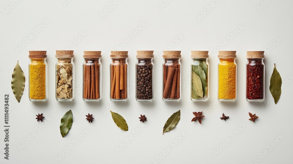 Poster colorful jars filled with spices and dried herbs are arranged neatly against a white background, com