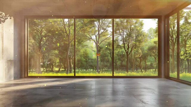 empty room and forest view for residential business seamless looping overlay 4k virtual video animation background