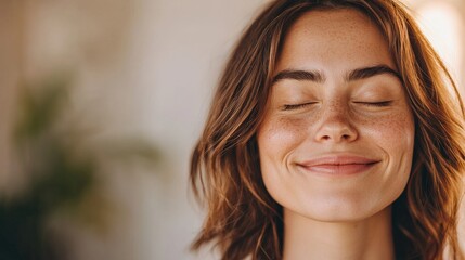 Obraz premium Smiling woman with closed eyes, exuding positivity and tranquility in a soft, natural setting.