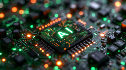 Obraz premium Close up of AI chip on circuit board, illuminated lights; technology, innovation, futuristic atmosphere.