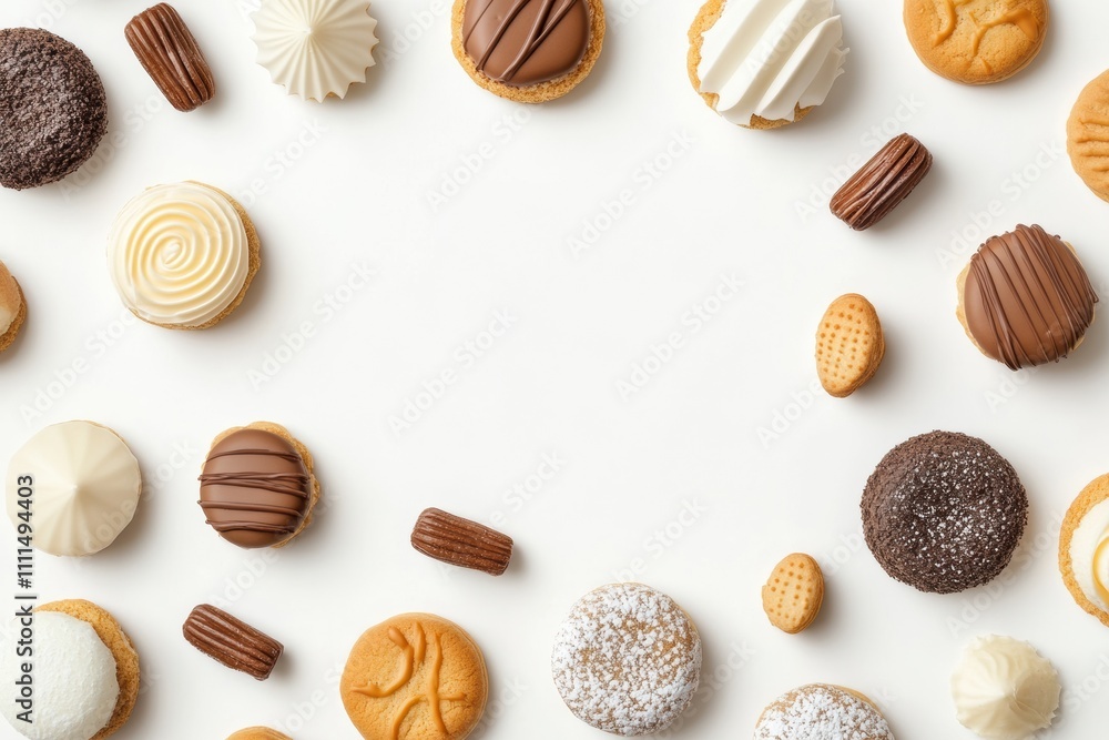 Poster sweet treats including cookies, pastries, and confections are displayed on a clean white background,