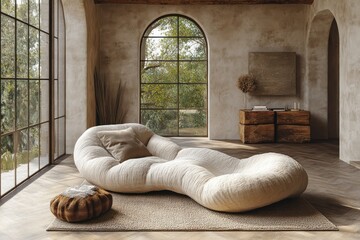 Fototapeta premium Cozy Modern Living Room with Organic Furniture and Neutral Palette in Scandinavian Minimalism