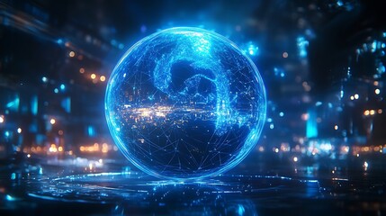 Obraz premium A hyperconnected globe visualization, a blue digital sphere with intersecting lines forming an intricate web, bright neon lines glowing intensely, deep shadows, high-resolution quality,